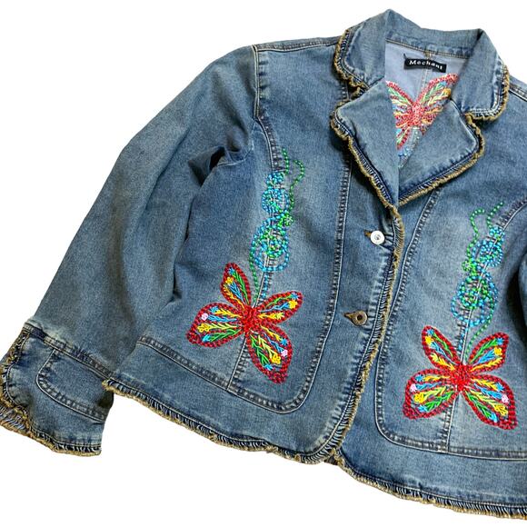 Embroidered Y2K Butterfly Phoebe Buffay Denim Jean Jacket Medium - Picture 1 of 5